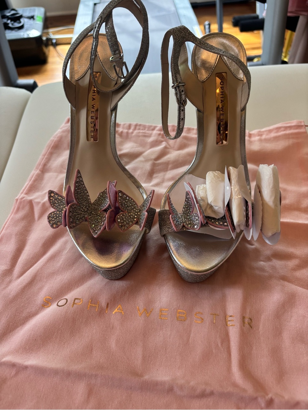 Sophia Webster Silver Heels with Pink Butterfly Embellishments